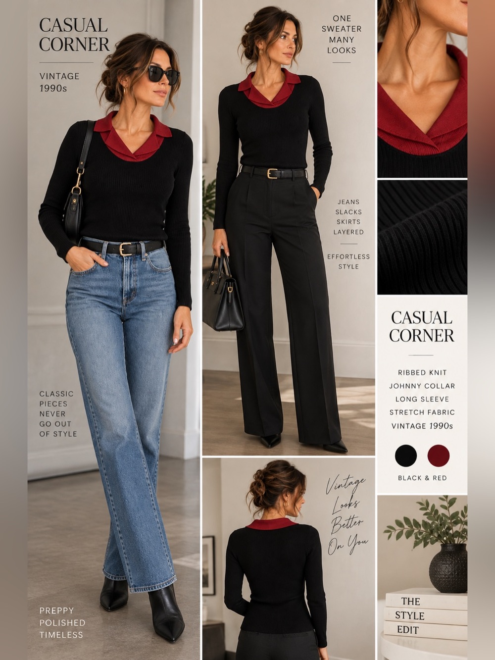 Vintage 90s Casual Corner Ribbed Knit Johnny Collar Sweater M